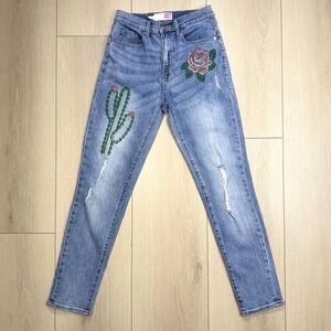 Juicy Couture Women's Skinny Jeans Embroidered Rose Cactus Distressed Blue Sz 25